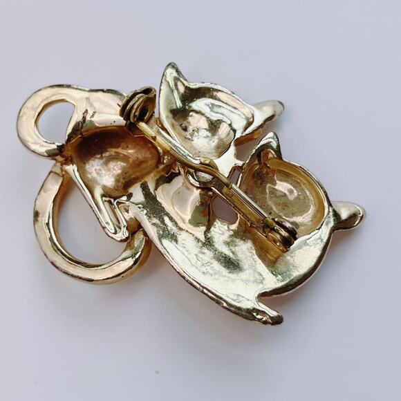 VTG Brooch Rhinestone Twin Cat Mid Century Quirky Figural Jewelry Gold Tone Pin - Picture 9 of 11